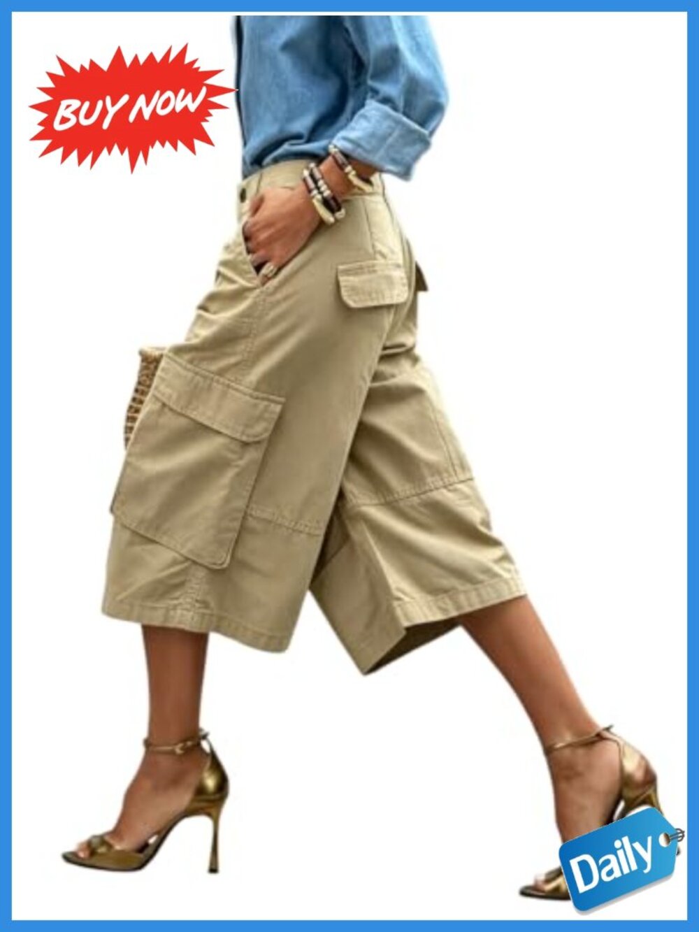 Women's Wide Leg High Waisted Cargo Capris with Pockets Cotton